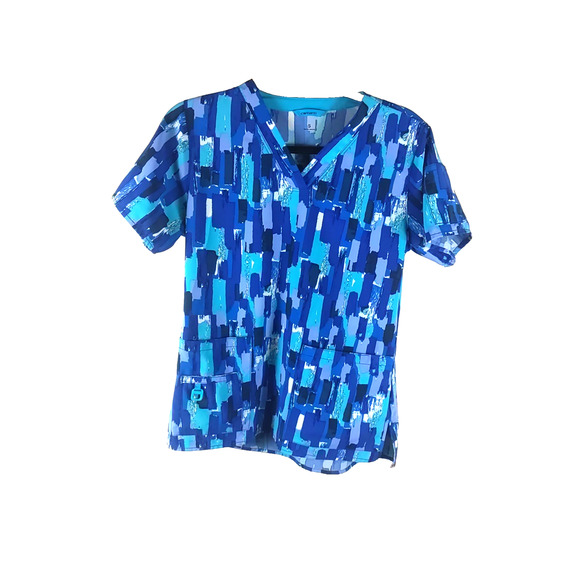 Carhartt Women's Scrub Top Size Small Blue Paint Art V Neck Polyester Medical... - Picture 4 of 6